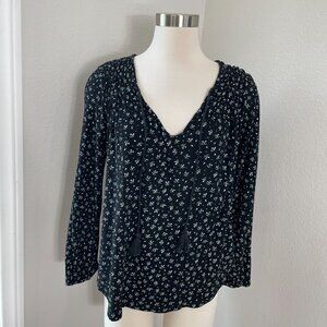 Lucky Brand Womens Large Black Floral Long Sleeve Blouse Tassels Tie Boho Shirt